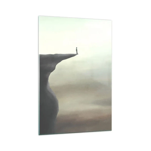 Cuadro sobre vidrio - Impresiones sobre Vidrio - Silueta de una figura en el borde de un acantilado en un paisaje brumoso - 70x100cm - Hacia arriba, ¡por supuesto! - Decoración de pared moderna para salón y dormitorio ARTTOR