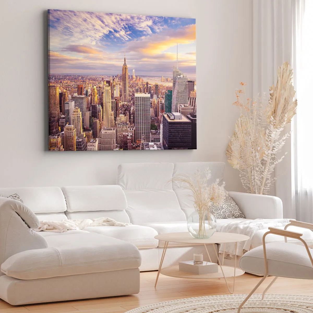 Cuadro sobre lienzo - Impresión de Imagen - Panorama de una ciudad moderna con rascacielos al atardecer - 120x80cm - Alcanzar las nubes - Decoración de pared moderna para salón y dormitorio ARTTOR