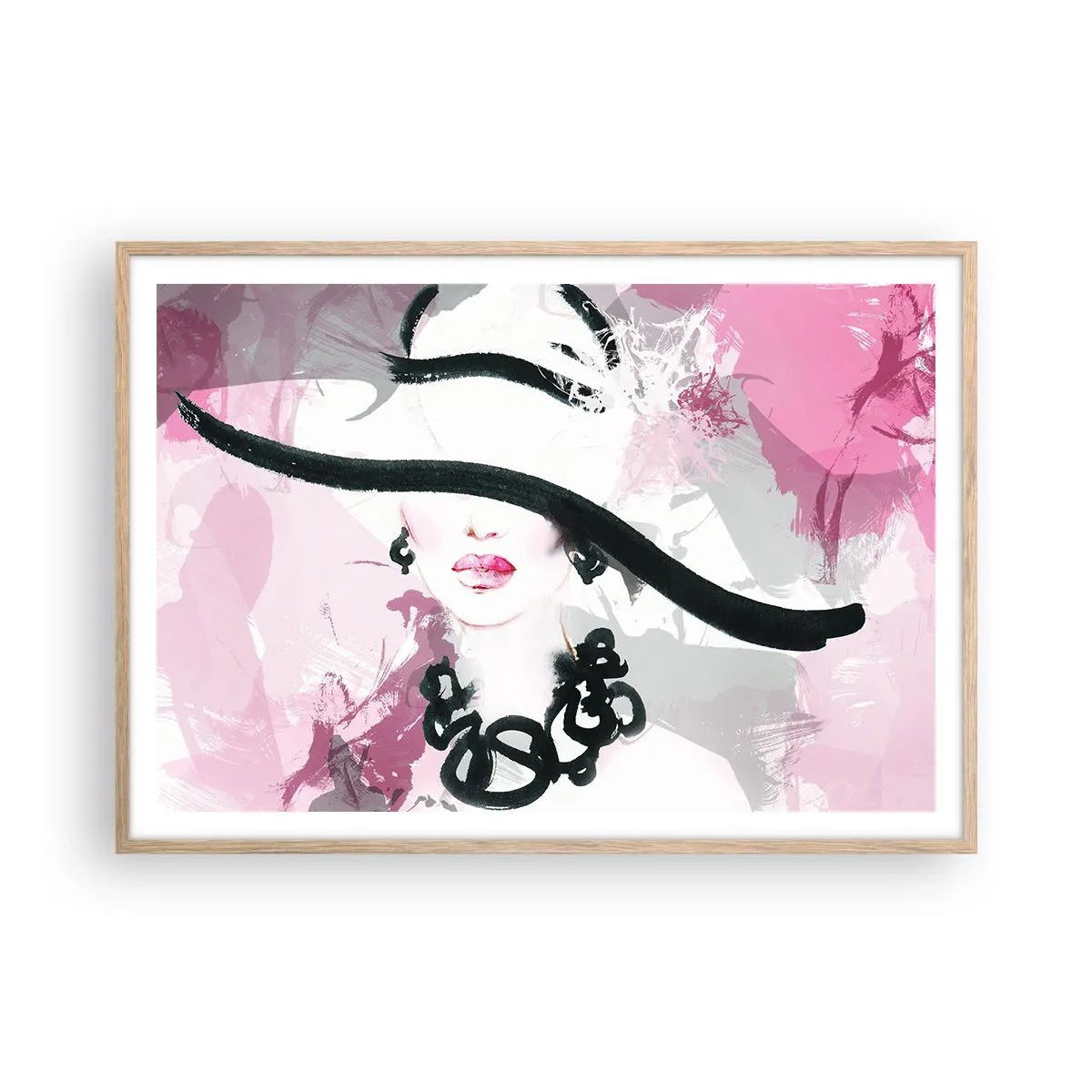 Póster en marco roble claro - Retrato de una dama en negro y rosa - 100x70 cm
