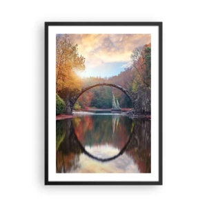 Póster en marco negro - Un puente de piedra sobre un lago en un paisaje otoñal. - 50x70cm - Al otro lado del espejo - Decoración de pared moderna para salón y dormitorio ARTTOR