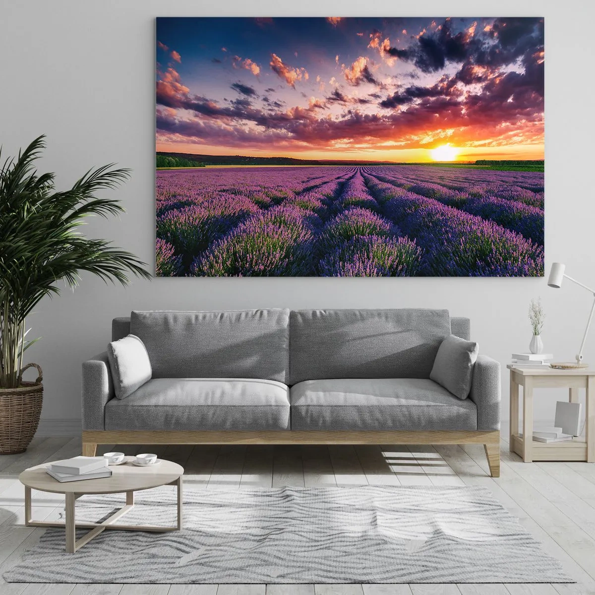 Cuadro sobre vidrio - Impresiones sobre Vidrio - Un campo de lavanda al atardecer con un cielo colorido y nubes. - 100x70cm - El mundo de la lavanda - Decoración de pared moderna para salón y dormitorio ARTTOR