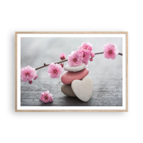 Póster en marco roble claro - Felicidad con la flor del cerezo - 100x70 cm