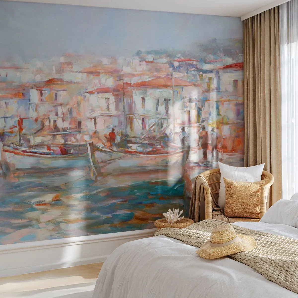 Fotomural Premium Sand - Vacaciones en colores pastel - Ciudad portuaria, Arquitectura, Barco de pesca - 100x70 cm