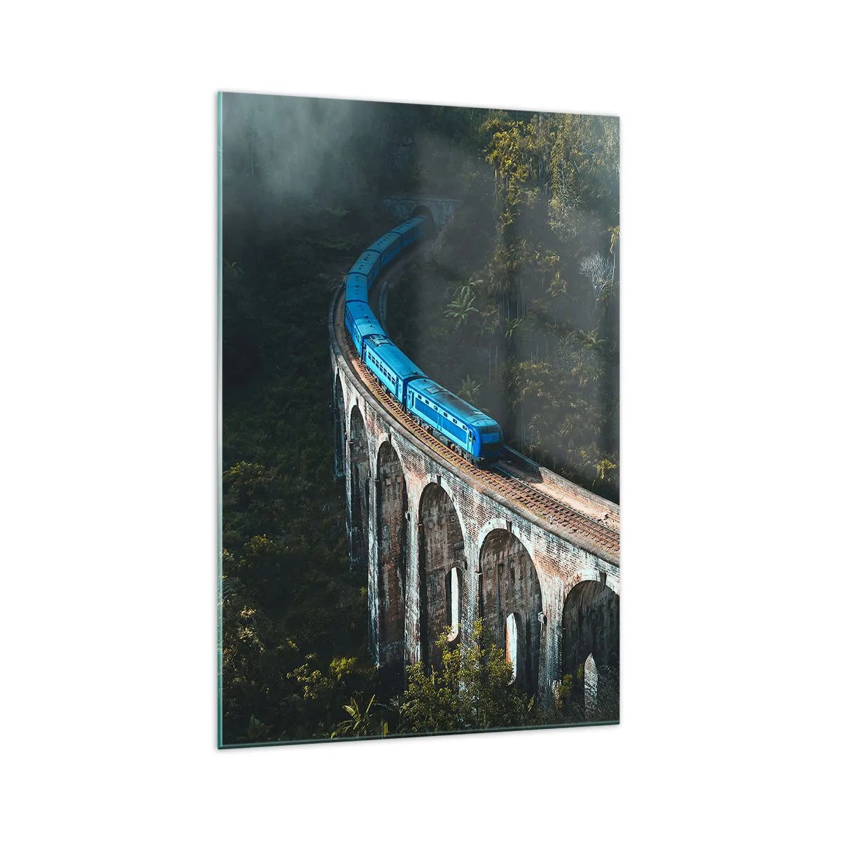 Cuadro sobre vidrio - Impresiones sobre Vidrio - Un tren azul en un viaducto histórico entre los bosques. - 70x100cm - Vías sobre la naturaleza - Decoración de pared moderna para salón y dormitorio ARTTOR