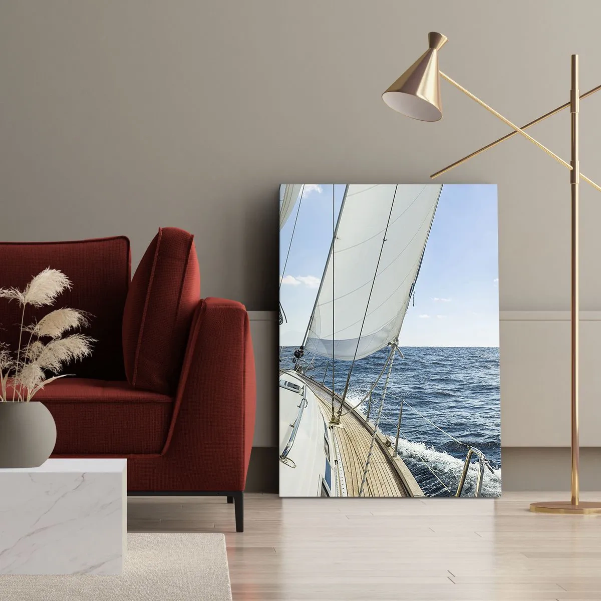 Cuadro sobre lienzo - Impresión de Imagen - Un velero en un mar tranquilo bajo un cielo azul. - 50x70cm - Ahoy, a la aventura - Decoración de pared moderna para salón y dormitorio ARTTOR