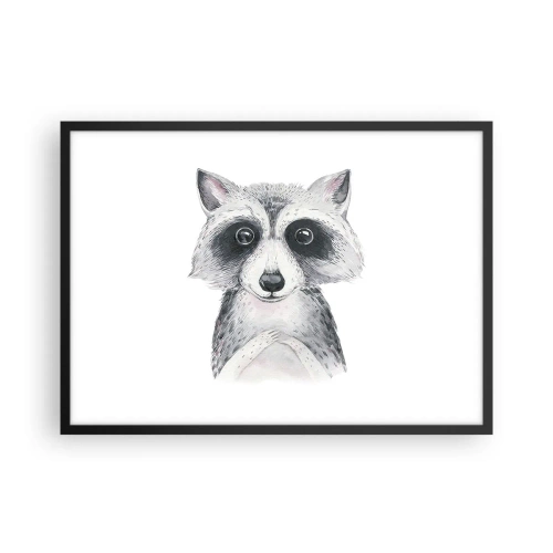 Póster en marco negro - Adorable retrato de un mapache sobre un fondo blanco. - 70x50cm - Un momento para la emoción - Decoración de pared moderna para salón y dormitorio ARTTOR