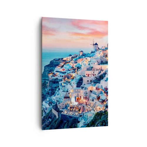 Cuadro sobre lienzo - Impresión de Imagen - Santorini al atardecer con edificios blancos en la colina - 80x120cm - Vacaciones en Grecia - Decoración de pared moderna para salón y dormitorio ARTTOR