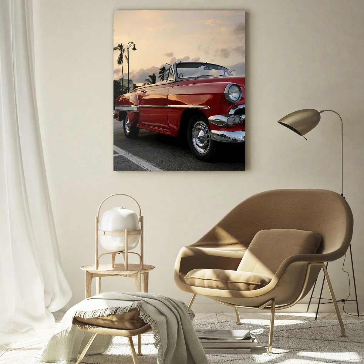 Cuadro sobre vidrio - Impresiones sobre Vidrio - Un convertible clásico rojo con el atardecer como fondo - 50x70cm - El rojo calor de los trópicos - Decoración de pared moderna para salón y dormitorio ARTTOR