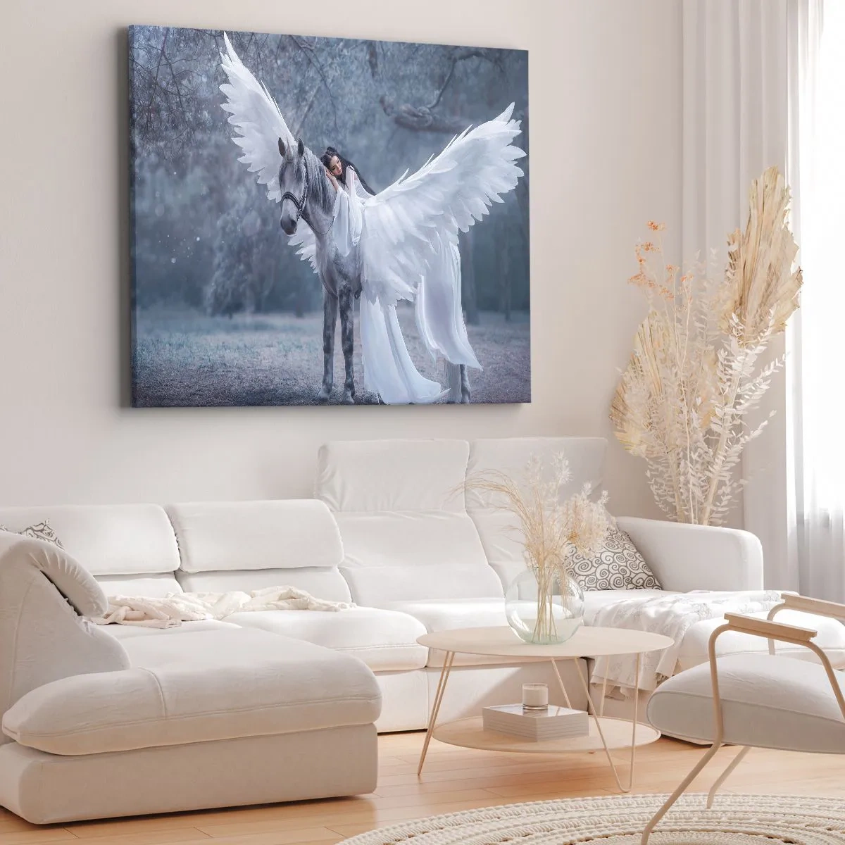 Cuadro sobre lienzo - Impresión de Imagen - Una mujer en un caballo blanco con alas en un bosque mágico. - 70x50cm - Un momento de inspiración - Decoración de pared moderna para salón y dormitorio ARTTOR