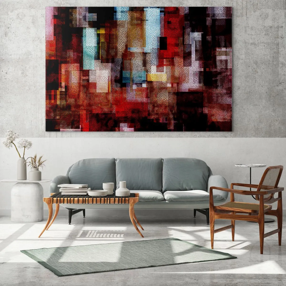 Cuadro sobre vidrio - Impresiones sobre Vidrio - Composición geométrica abstracta en tonos rojos. - 120x80cm - Confusión y desconcierto - Decoración de pared moderna para salón y dormitorio ARTTOR