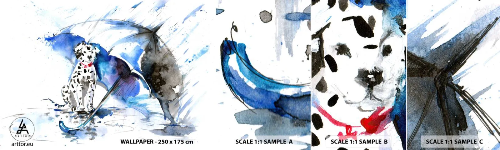 Muestra de fotomural autoadhesivo Deluxe Sticker - Para eso está un amigo - Abstracción, Perro, Lluvia - 100x30 cm