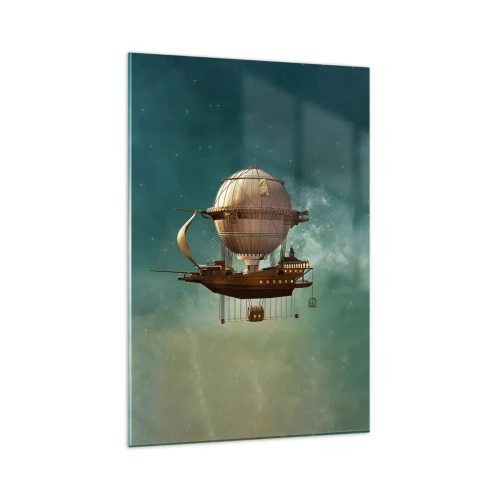 Cuadro sobre vidrio - Impresiones sobre Vidrio - Un dirigible fantástico contra el cielo verdoso. - 80x120cm - Julio Verne saluda - Decoración de pared moderna para salón y dormitorio ARTTOR