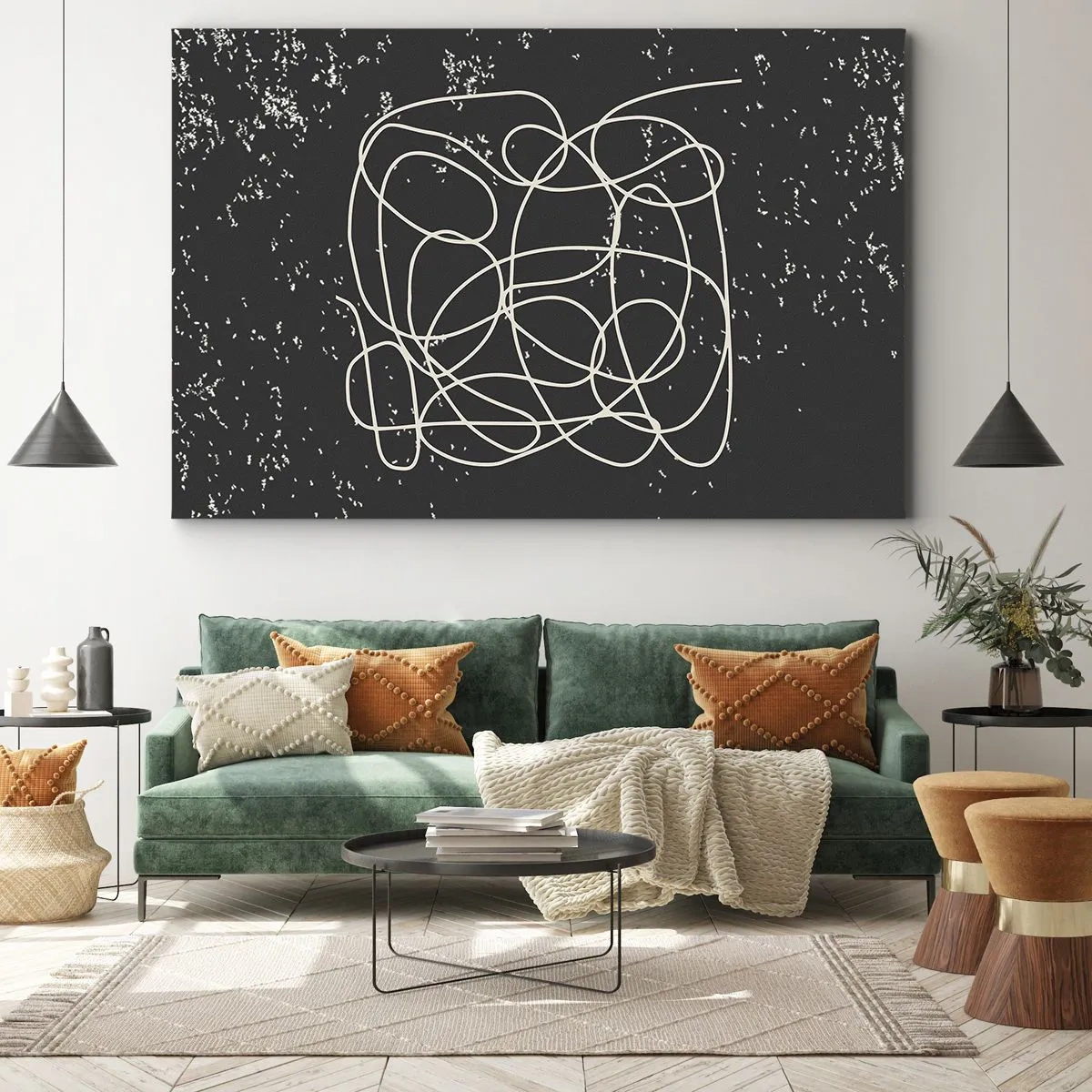 Cuadro sobre lienzo - Impresión de Imagen - Línea abstracta sobre fondo negro con finos detalles. - 70x50cm - Pensamientos errantes - Decoración de pared moderna para salón y dormitorio ARTTOR