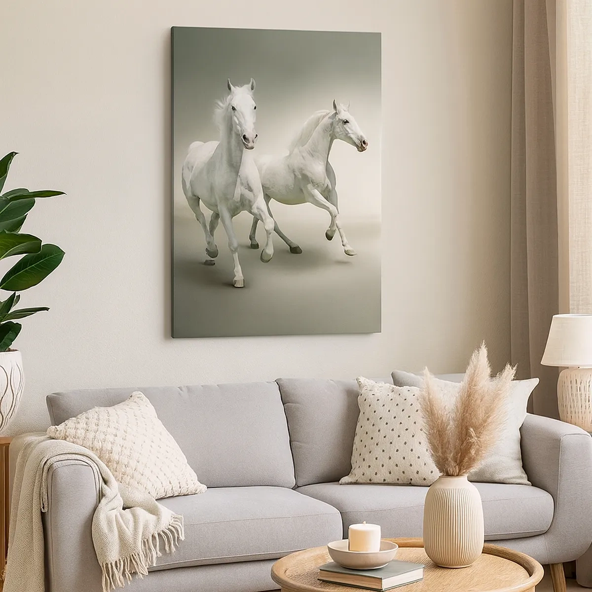 Cuadro sobre lienzo - Impresión de Imagen - Dos caballos blancos galopando sobre un fondo claro - 50x70cm - ¡Poder blanco! - Decoración de pared moderna para salón y dormitorio ARTTOR