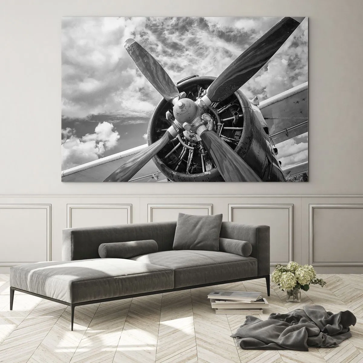Cuadro sobre vidrio - Impresiones sobre Vidrio - Un primer plano de una hélice de avión en blanco y negro. - 120x80cm - Conquistador de los cielos - Decoración de pared moderna para salón y dormitorio ARTTOR