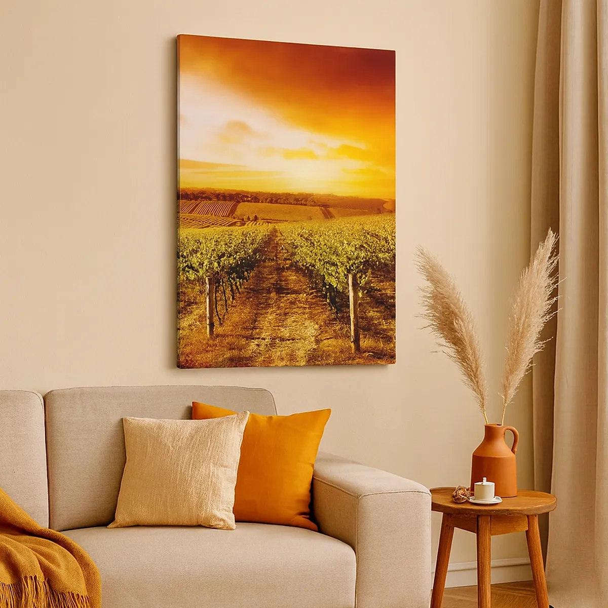 Cuadro sobre lienzo - Impresión de Imagen - Viñedo al atardecer con tonos cálidos del cielo. - 50x70cm - Delicadamente afrutado con un toque de sol - Decoración de pared moderna para salón y dormitorio ARTTOR