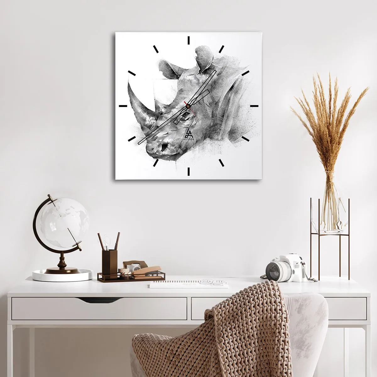 Reloj de pared - Reloj de vidrio - Retrato artístico de un rinoceronte en blanco y negro. - 30x30cm - Retrato africano - Decoración de pared moderna para salón y dormitorio ARTTOR