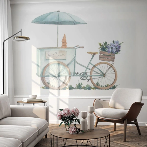 Fotomural Premium Sand - Bicicleta de verano con helado y flores en una caja estilo acuarela. - 100x70cm - Dulce recuerdo del verano - Decoración de pared moderna para salón y dormitorio ARTTOR