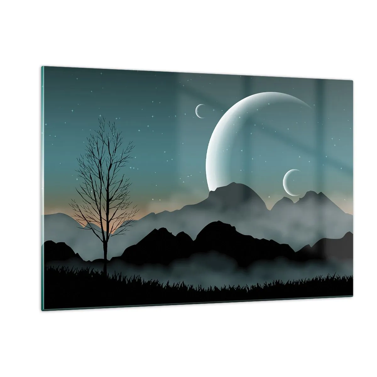Cuadro sobre vidrio - Impresiones sobre Vidrio - Lunas sobre montañas con un árbol solitario y estrellas. - 120x80cm - Un carnaval de noche estrellada - Decoración de pared moderna para salón y dormitorio ARTTOR