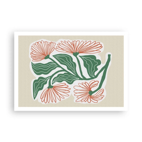 Póster - Un dibujo de flores en estilo minimalista con hojas verdes. - 100x70cm - Folclórico y moderno - Decoración de pared moderna para salón y dormitorio ARTTOR