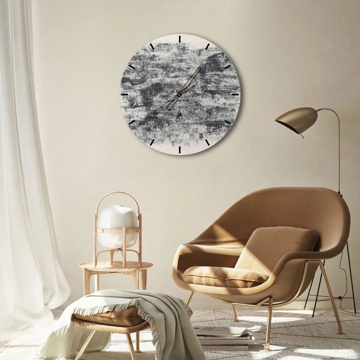Reloj de pared - Reloj de vidrio - Textura en blanco y negro con efecto de malla rasterizada - 30x30cm - Composición brumosa - Decoración de pared moderna para salón, cocina y dormitorio ARTTOR