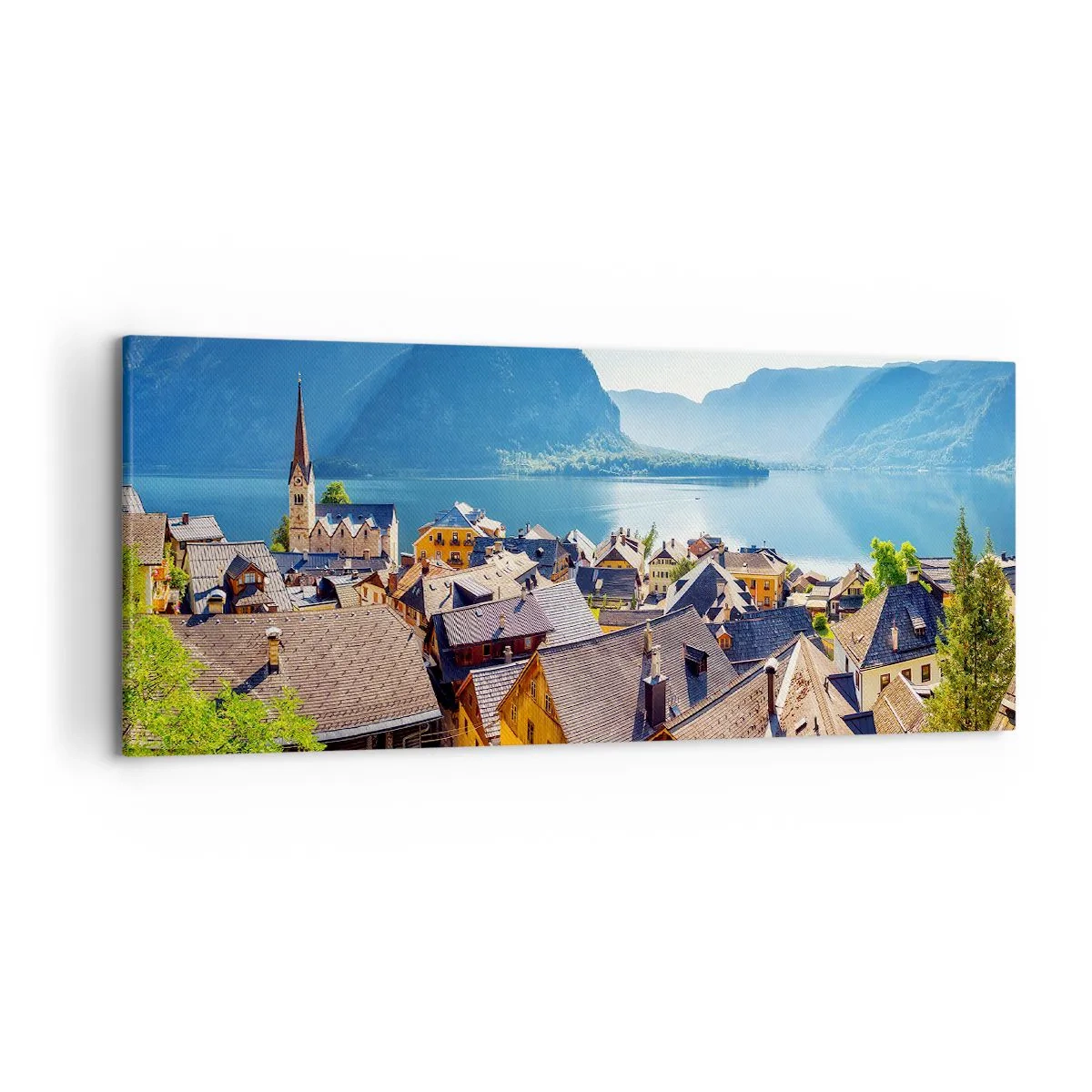 Cuadro sobre lienzo - Impresión de Imagen - Un pintoresco pueblo junto a un lago rodeado de montañas en un día soleado. - 120x50cm - No podría ser más pintoresco - Decoración de pared moderna para salón y dormitorio ARTTOR