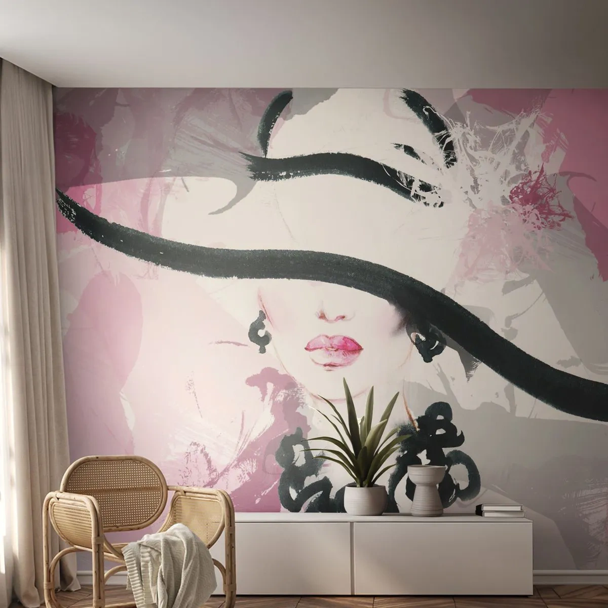 Fotomural Autadhesivo Deluxe Sticker - Retrato de una dama en negro y rosa - Mujer, cara de mujer, Abstracción - 450x315 cm