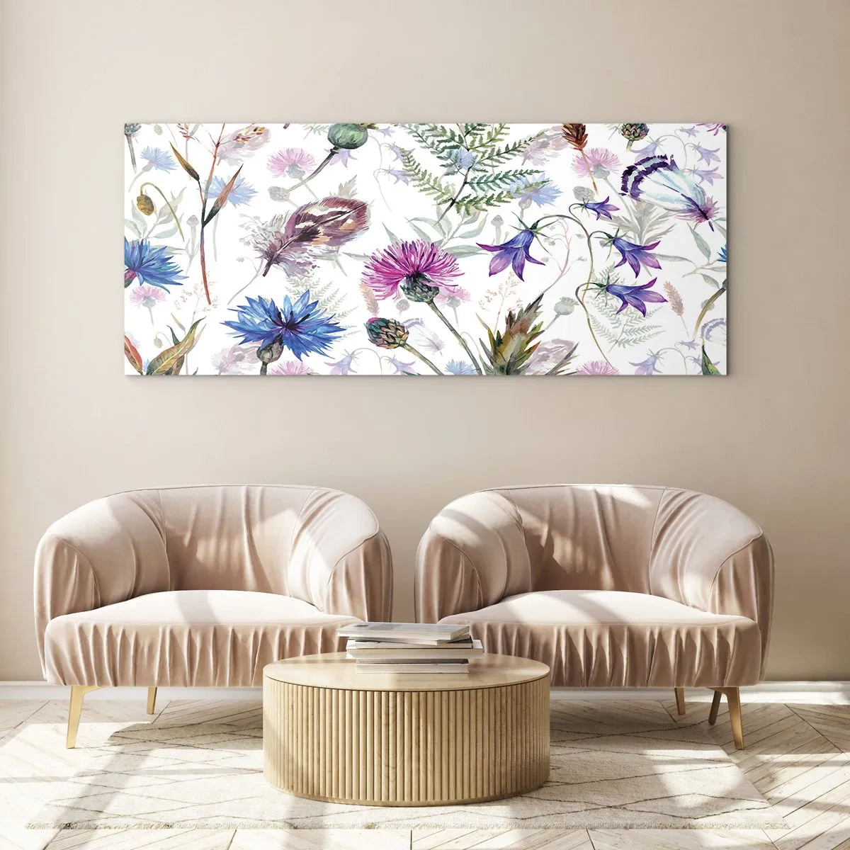Cuadro sobre vidrio - Impresiones sobre Vidrio - Flores y hierbas de acuarela sobre un fondo blanco en estilo herbario. - 160x50cm - Herbario polaco - Decoración de pared moderna para salón y dormitorio ARTTOR