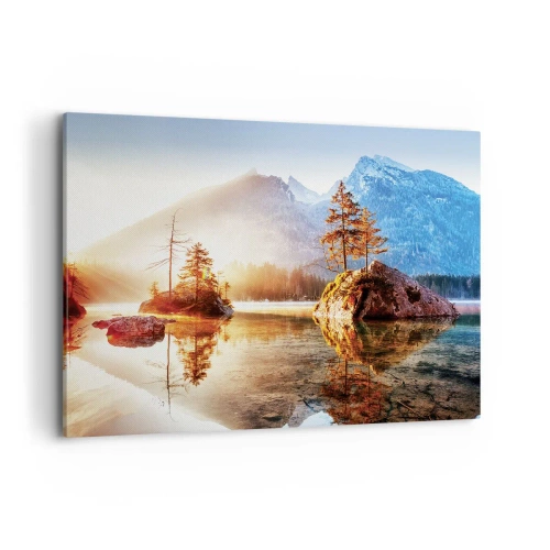 Cuadro sobre lienzo - Impresión de Imagen - Un lago con islas y montañas al fondo al amanecer. - 120x80cm - La naturaleza bajo la luz - Decoración de pared moderna para salón y dormitorio ARTTOR