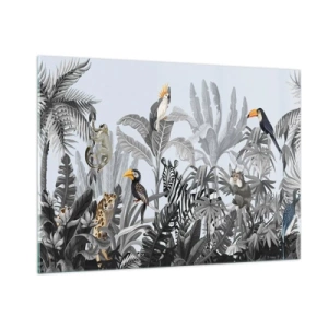 Cuadro sobre vidrio - Impresiones sobre Vidrio - Animales exóticos en una jungla en blanco y negro sobre un fondo claro. - 100x70cm - Un cuento de hadas africano - Decoración de pared moderna para salón y dormitorio ARTTOR
