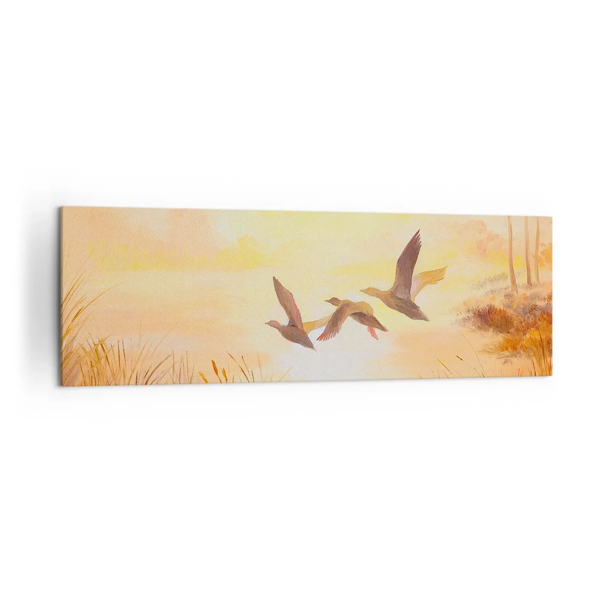 Cuadro sobre lienzo - Impresión de Imagen - Patos volando al amanecer sobre el lago - 160x50cm - El comienzo de un largo viaje - Decoración de pared moderna para salón y dormitorio ARTTOR