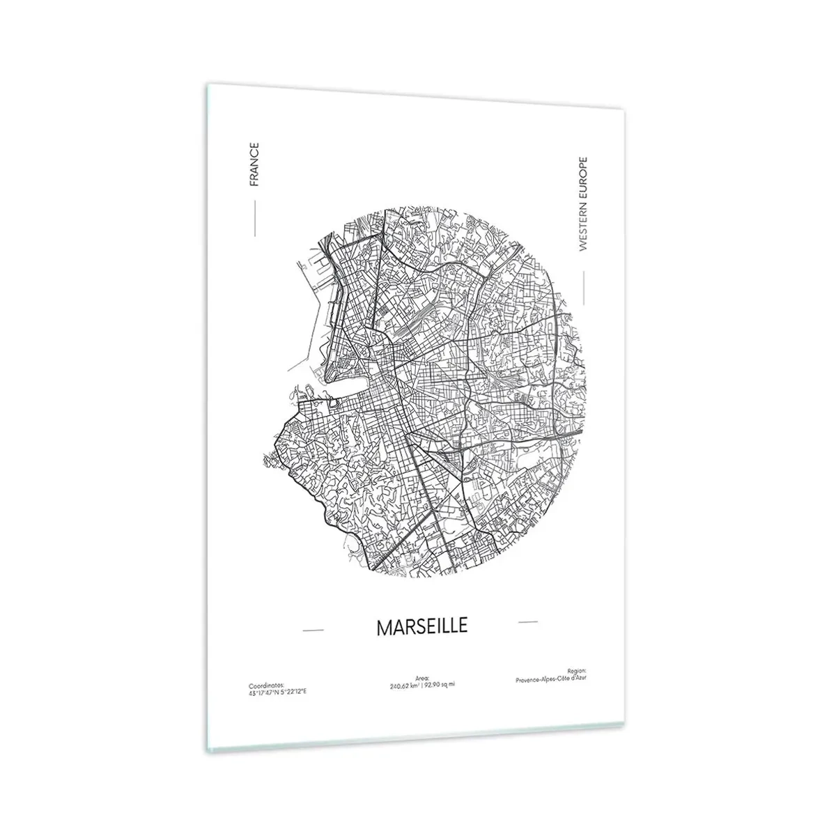 Cuadro sobre vidrio - Impresiones sobre Vidrio - Mapa en blanco y negro de la ciudad de Marsella en estilo moderno - 50x70cm - Anatomía de Marsella - Decoración de pared moderna para salón y dormitorio ARTTOR