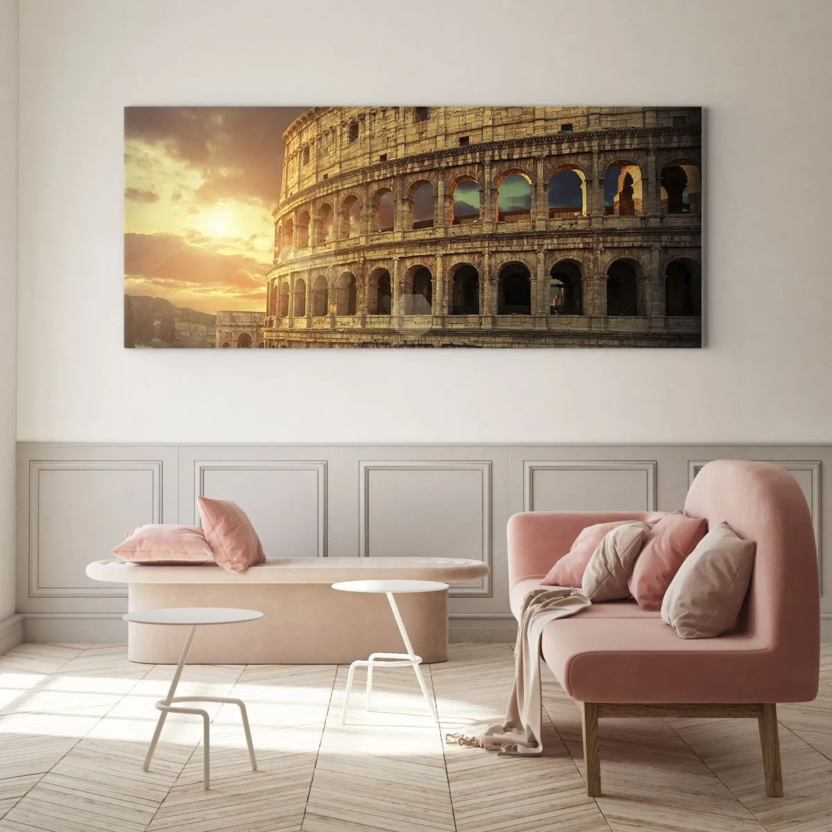 Cuadro sobre vidrio - Impresiones sobre Vidrio - El Coliseo de Roma al atardecer - 140x50cm - Una impresión colosal - Decoración de pared moderna para salón y dormitorio ARTTOR