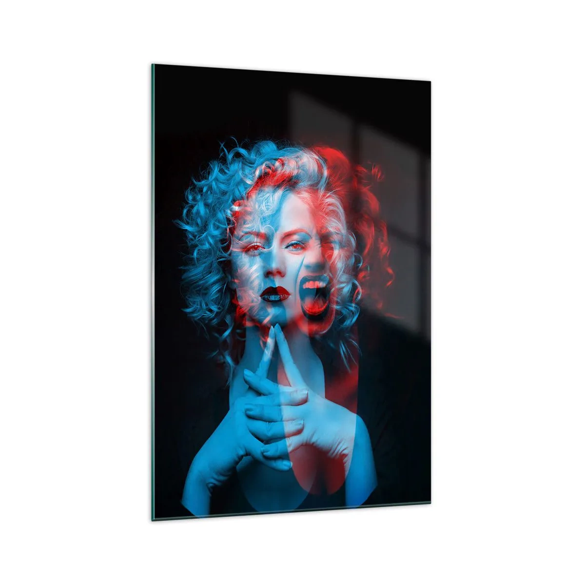 Cuadro sobre vidrio - Impresiones sobre Vidrio - Doble retrato de una mujer en rojo y azul - 70x100cm - Alter ego - Decoración de pared moderna para salón y dormitorio ARTTOR