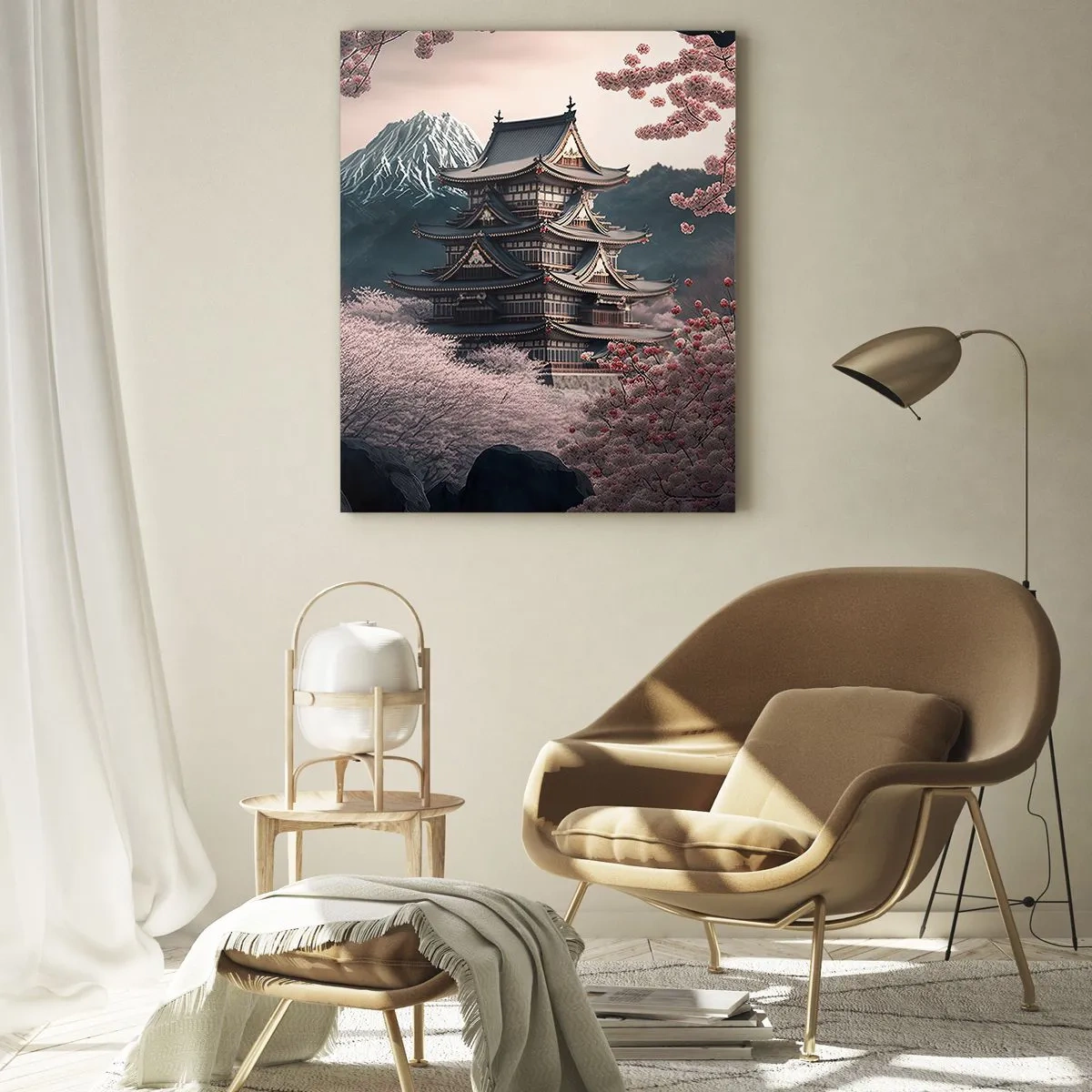 Cuadro sobre vidrio - Impresiones sobre Vidrio - Una pagoda japonesa tradicional entre flores de cerezo y montañas. - 50x70cm - Tierra de cerezos en flor - Decoración de pared moderna para salón y dormitorio ARTTOR