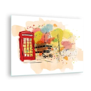 Cuadro sobre vidrio - Impresiones sobre Vidrio - Una cabina telefónica roja, un autobús de dos pisos y el Big Ben - 70x50cm - Una ciudad de la diversidad - Decoración de pared moderna para salón y dormitorio ARTTOR