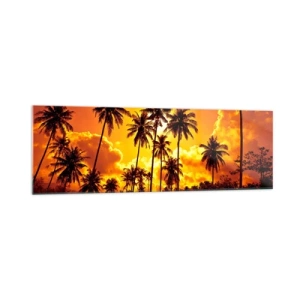 Cuadro sobre vidrio - Impresiones sobre Vidrio - Palmeras contra un cielo dorado durante una puesta de sol tropical - 160x50cm - Las montañas arden, los bosques arden - Decoración de pared moderna para salón y dormitorio ARTTOR