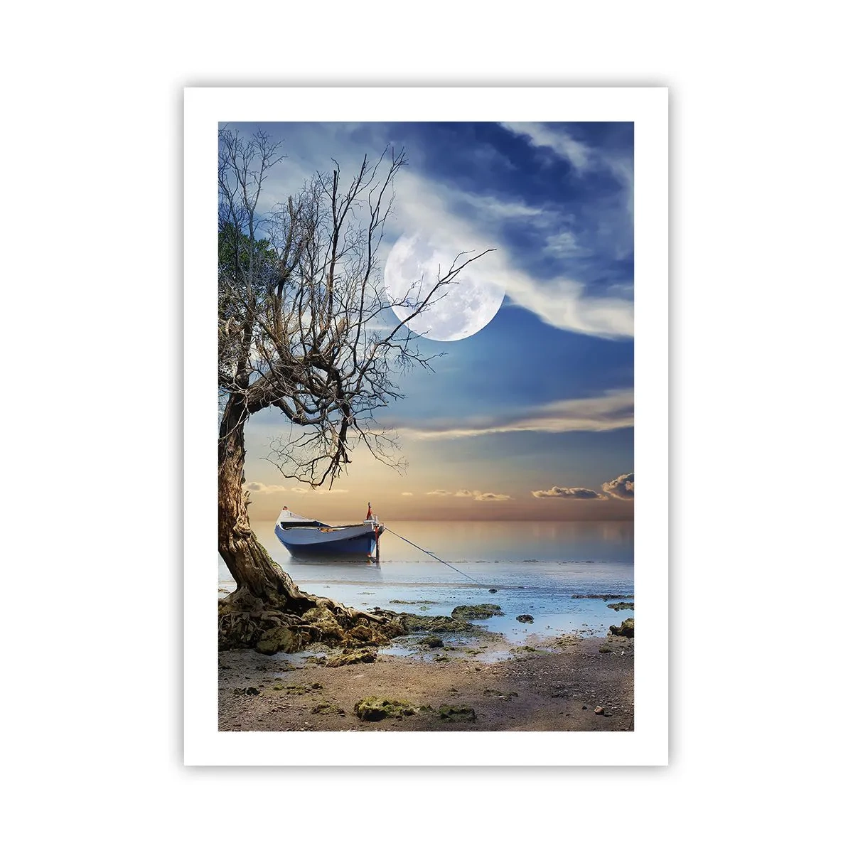Póster - Paisaje con un barco, un árbol y la luna sobre un fondo de agua tranquila. - 50x70cm - ¿Es el final o el principio? - Decoración de pared moderna para salón y dormitorio ARTTOR