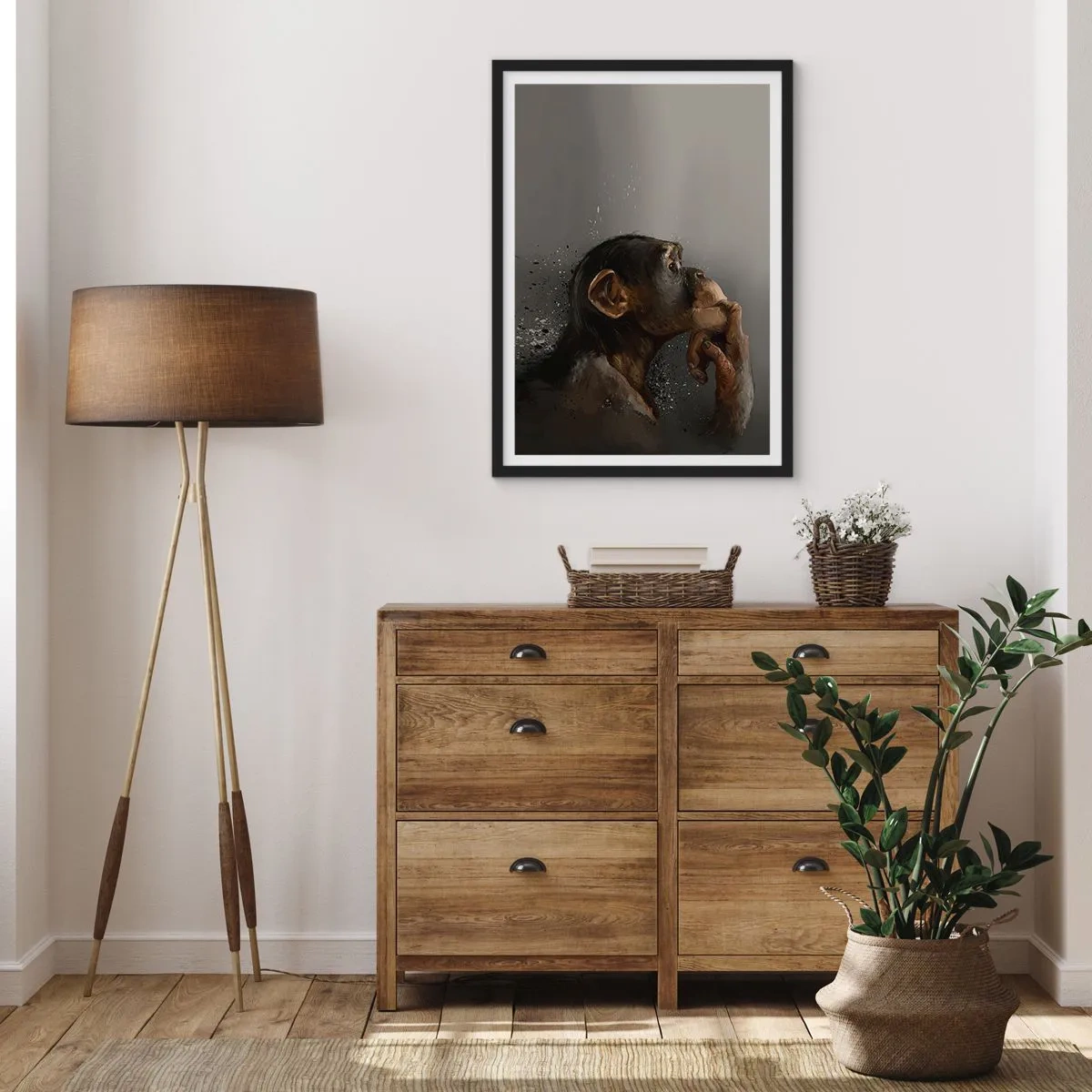 Póster en marco negro - Retrato de un mono pensante en suaves tonos grises con un fondo abstracto. - 50x70cm - La evolución del pensador - Decoración de pared moderna para salón y dormitorio ARTTOR