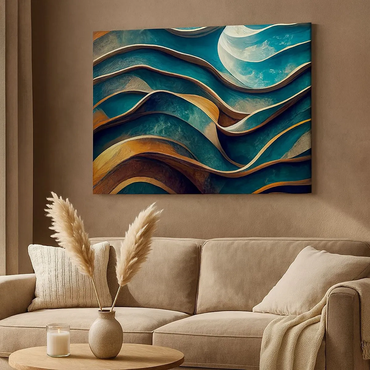 Cuadro sobre lienzo - Impresión de Imagen - Ondas abstractas en tonos turquesa y dorado - 70x50cm - Meandros de azul - Decoración de pared moderna para salón y dormitorio ARTTOR