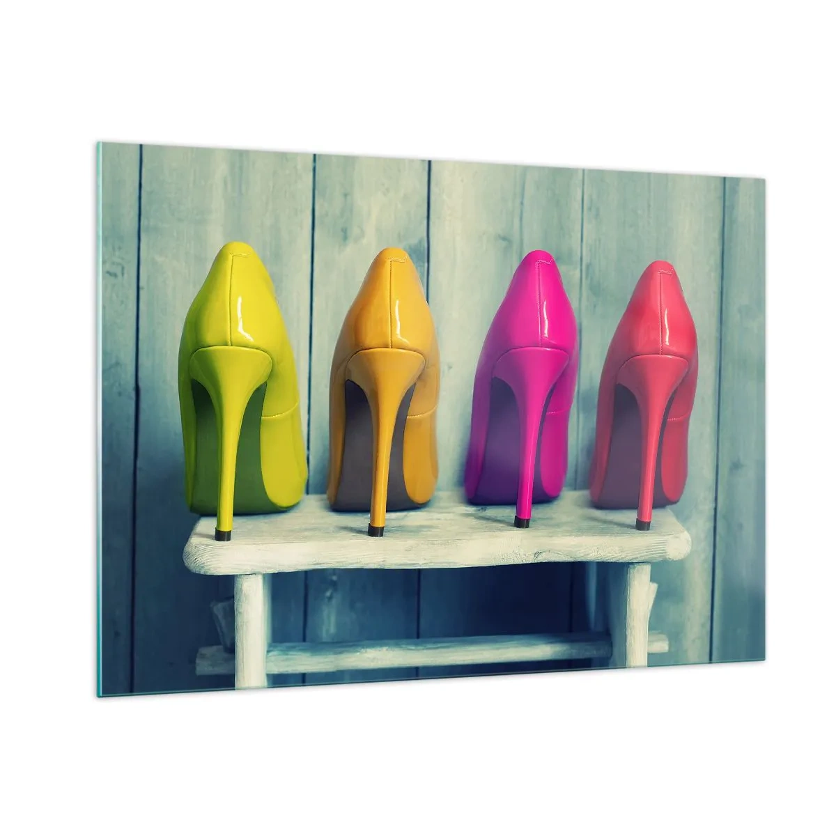 Cuadro sobre vidrio - Impresiones sobre Vidrio - Cuatro alfileres de colores dispuestos en un banco de madera. - 100x70cm - Caminando sobre un arco iris - Decoración de pared moderna para salón y dormitorio ARTTOR