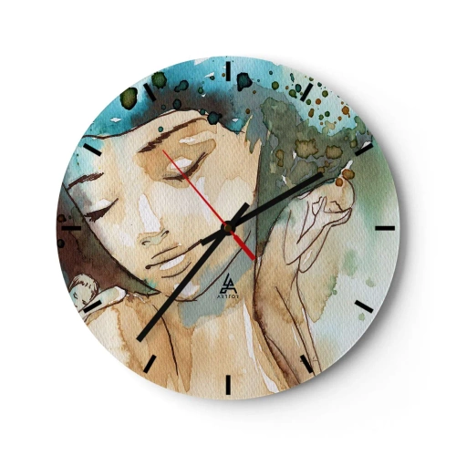 Reloj de pared - Reloj de vidrio - Una esfera de reloj con motivo de rostro femenino en tonos de acuarela. - 30x30cm - Dama de azul - Decoración de pared moderna para salón, cocina y dormitorio ARTTOR