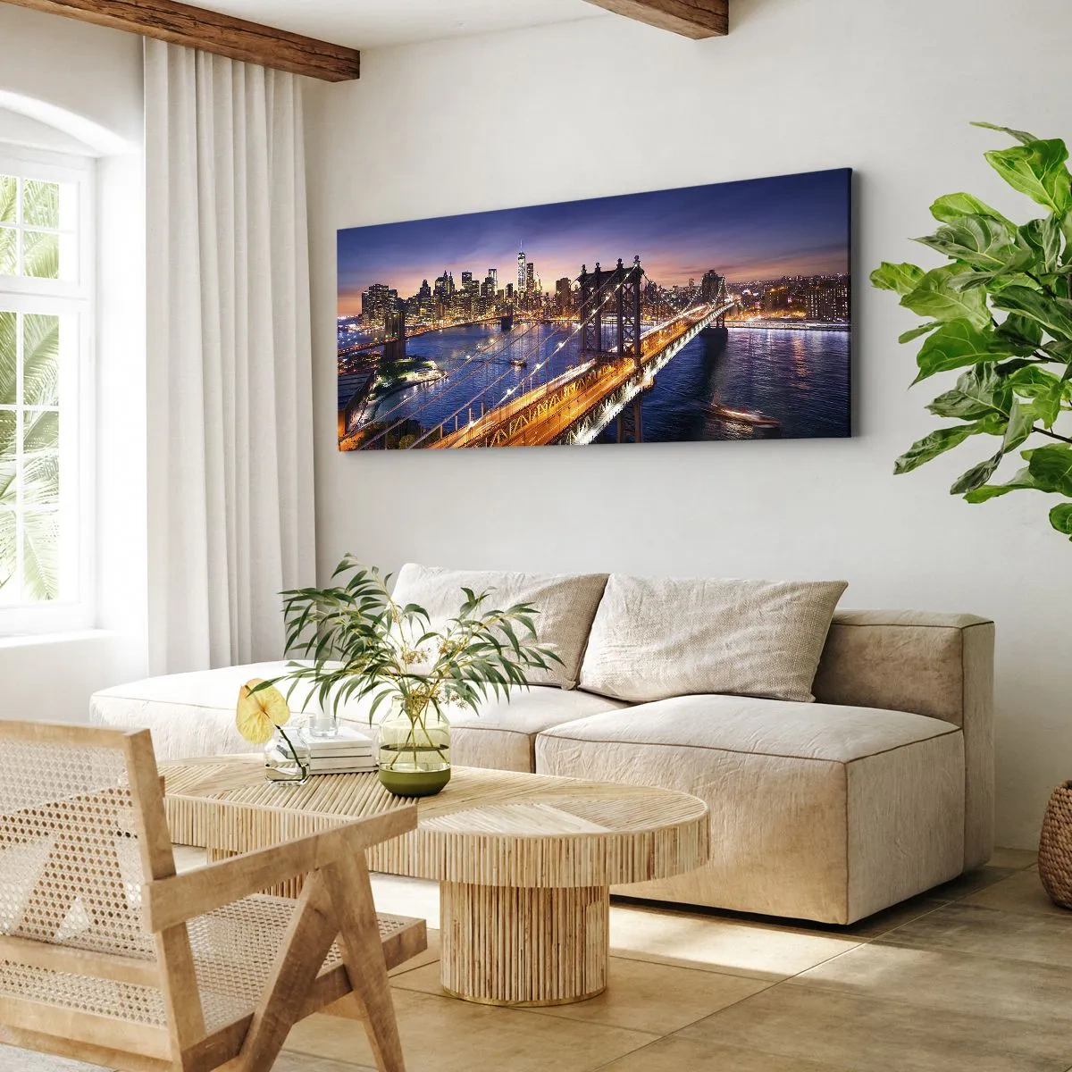 Cuadro sobre lienzo - Impresión de Imagen - El puente y el panorama de la ciudad al atardecer. - 140x50cm - Un puente luminoso hacia el corazón de la ciudad - Decoración de pared moderna para salón y dormitorio ARTTOR