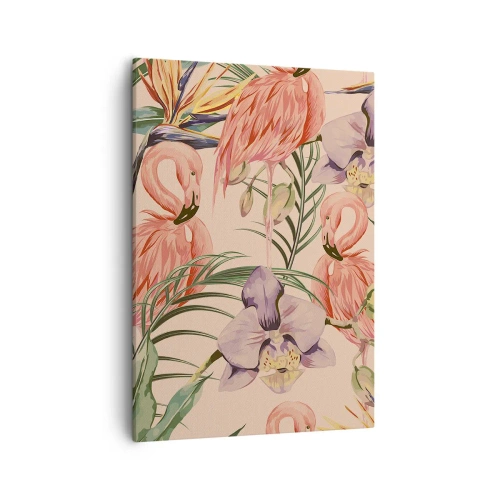 Cuadro sobre lienzo - Impresión de Imagen - Flamencos y flores tropicales sobre un fondo claro. - 50x70cm - Un ballet rosa en flores - Decoración de pared moderna para salón y dormitorio ARTTOR
