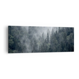 Cuadro sobre lienzo - Impresión de Imagen - Bosque de coníferas brumoso en tonos grises y verdes. - 140x50cm - Amanecer en el bosque - Decoración de pared moderna para salón y dormitorio ARTTOR