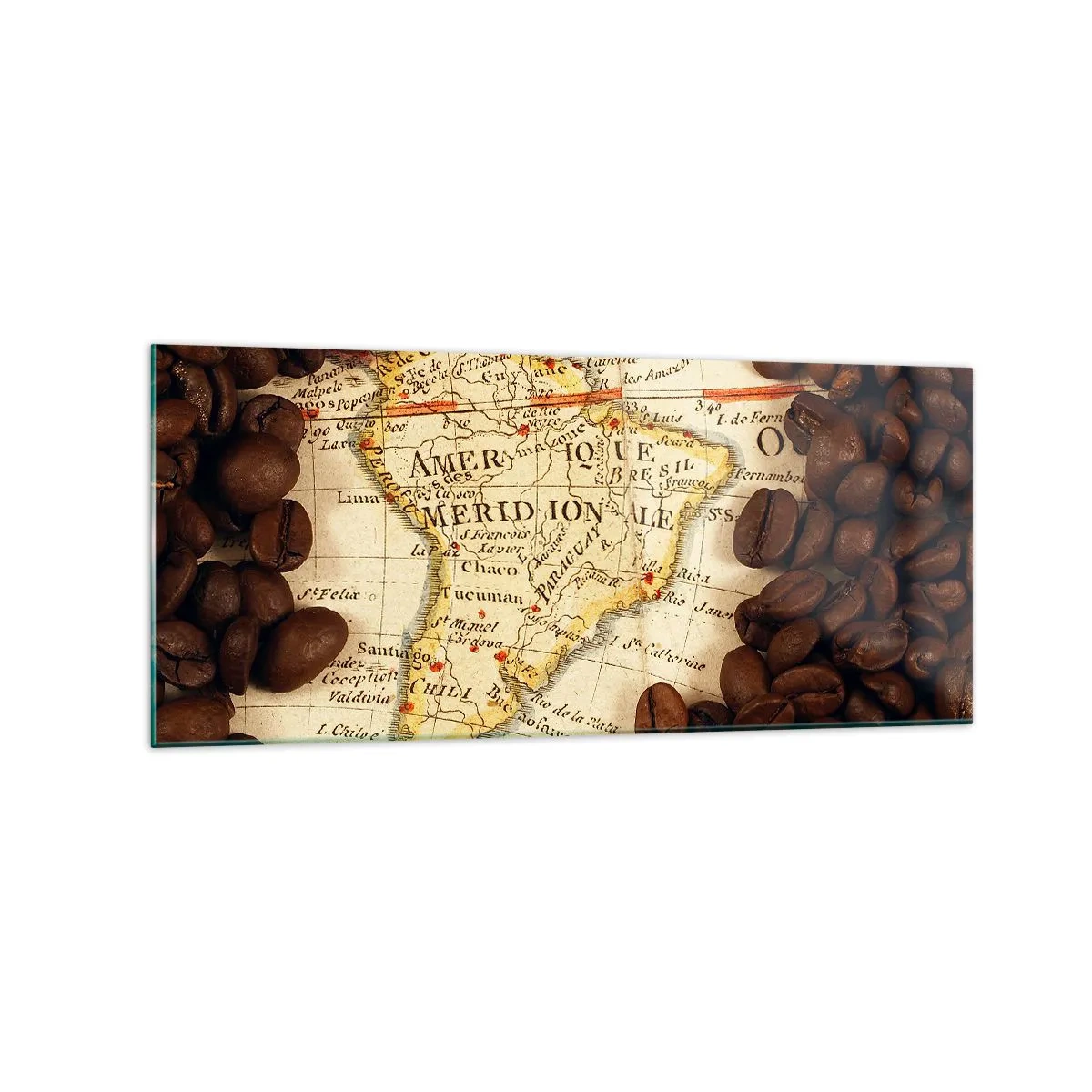 Cuadro sobre vidrio - Impresiones sobre Vidrio - Un mapa de Sudamérica rodeado de granos de café. - 120x50cm - ¿De dónde viene el mejor café? - Decoración de pared moderna para salón y dormitorio ARTTOR