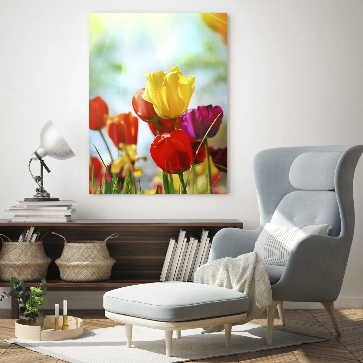 Cuadro sobre vidrio - Impresiones sobre Vidrio - Tulipanes coloridos bajo el sol - 70x100cm - Todos los tonos del sol - Decoración de pared moderna para salón y dormitorio ARTTOR