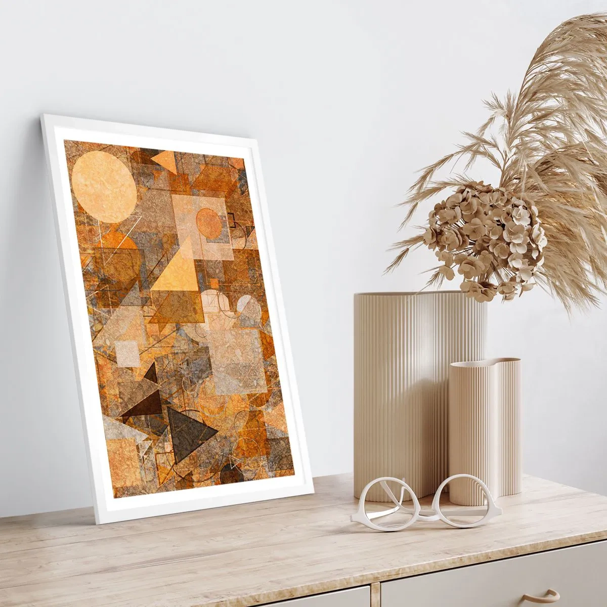 Póster en marco blanco - Estudio cubista en bronce - 50x70 cm