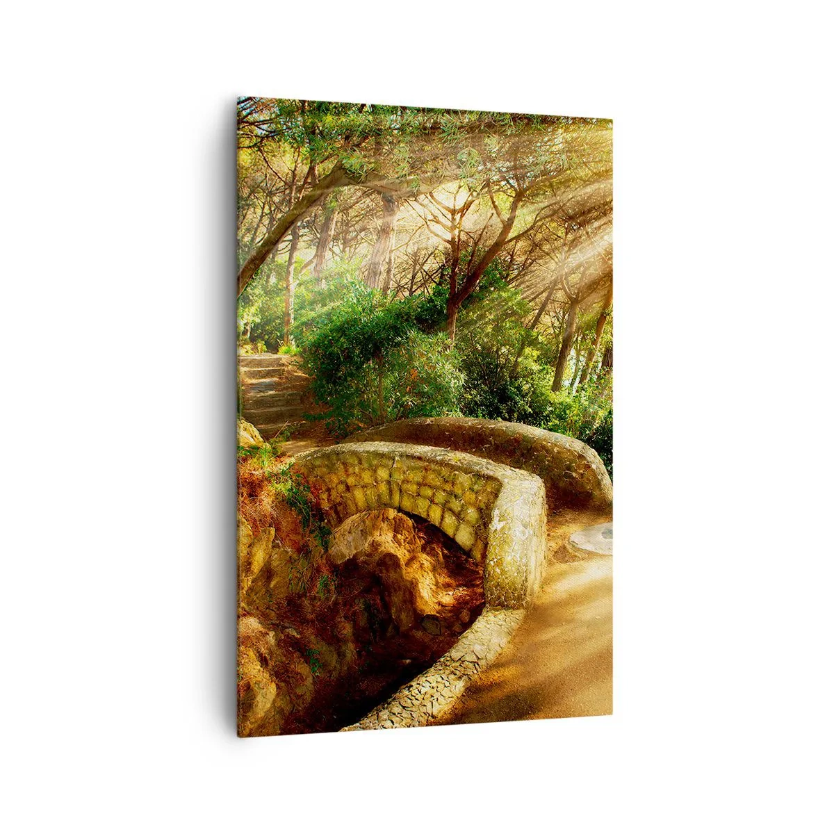 Cuadro sobre lienzo - Impresión de Imagen - Paisaje forestal con rayos de sol y un puente de piedra. - 80x120cm - Directamente desde el puente hacia el bosque de las hadas - Decoración de pared moderna para salón y dormitorio ARTTOR