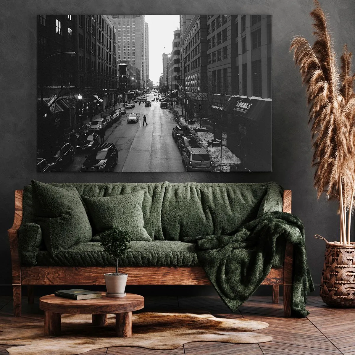 Cuadro sobre lienzo - Impresión de Imagen - Una calle en blanco y negro en el centro de la ciudad con coches y peatones. - 70x50cm - Un día como otro cualquiera - Decoración de pared moderna para salón y dormitorio ARTTOR
